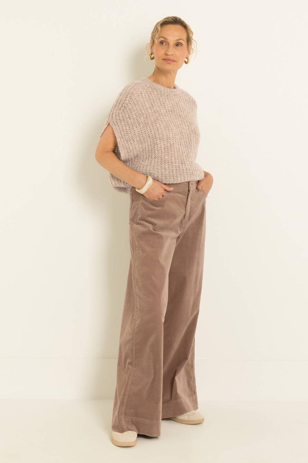Claudia Sträter fluwelen wide leg casual broek - beige