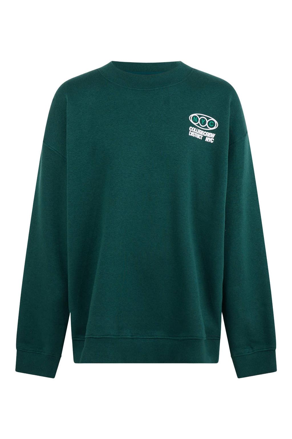 Donkergroene jongens Shoeby sweater en tekst met backprint, lange mouwen en ronde hals