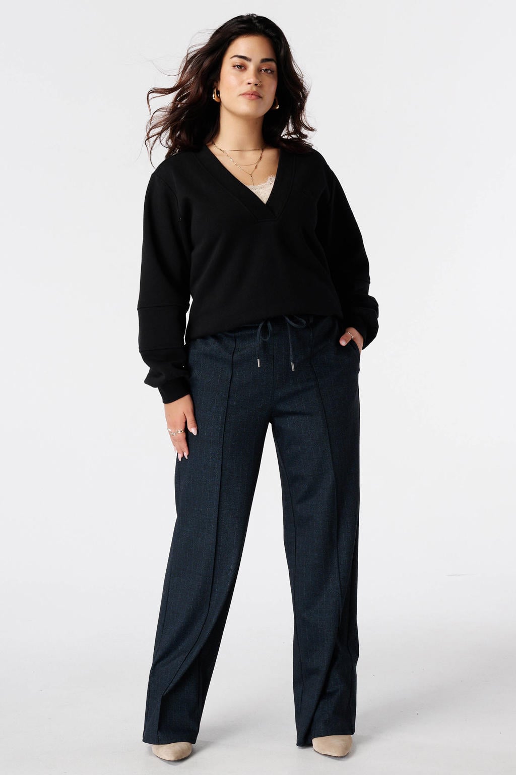 Blauw en ecru dames MS Mode wide leg broek met elastische tailleband met koord en krijtstreepprint