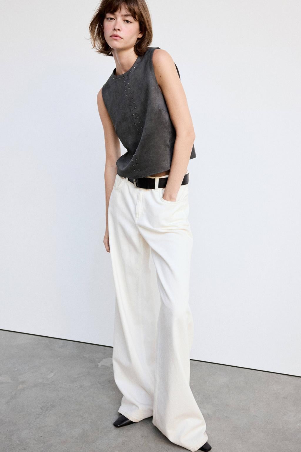 Mango suèdelook top met studs - grijs