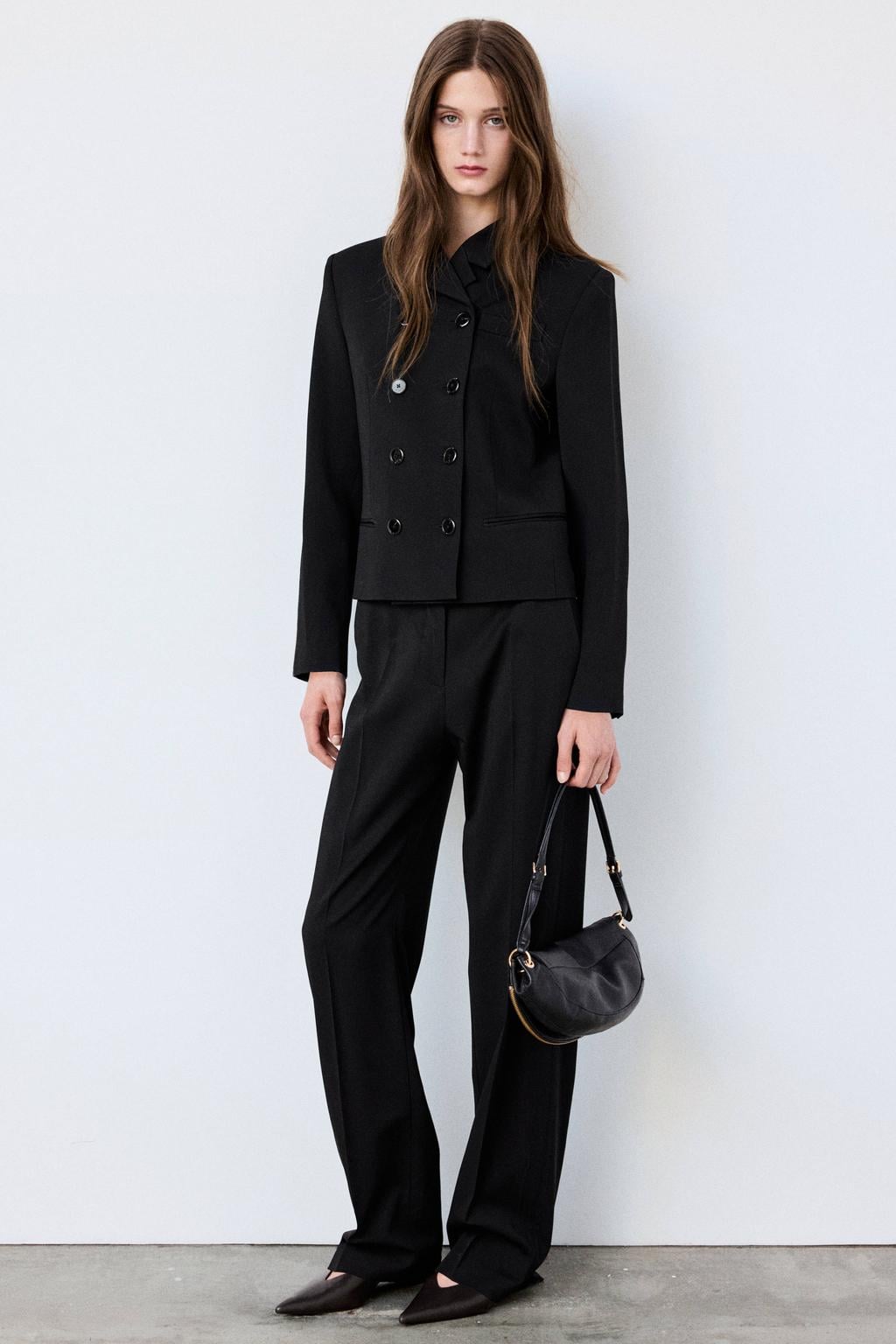 Zwarte dames Mango cropped double breasted blazer van viscose met effen, lange mouwen en reverskraag