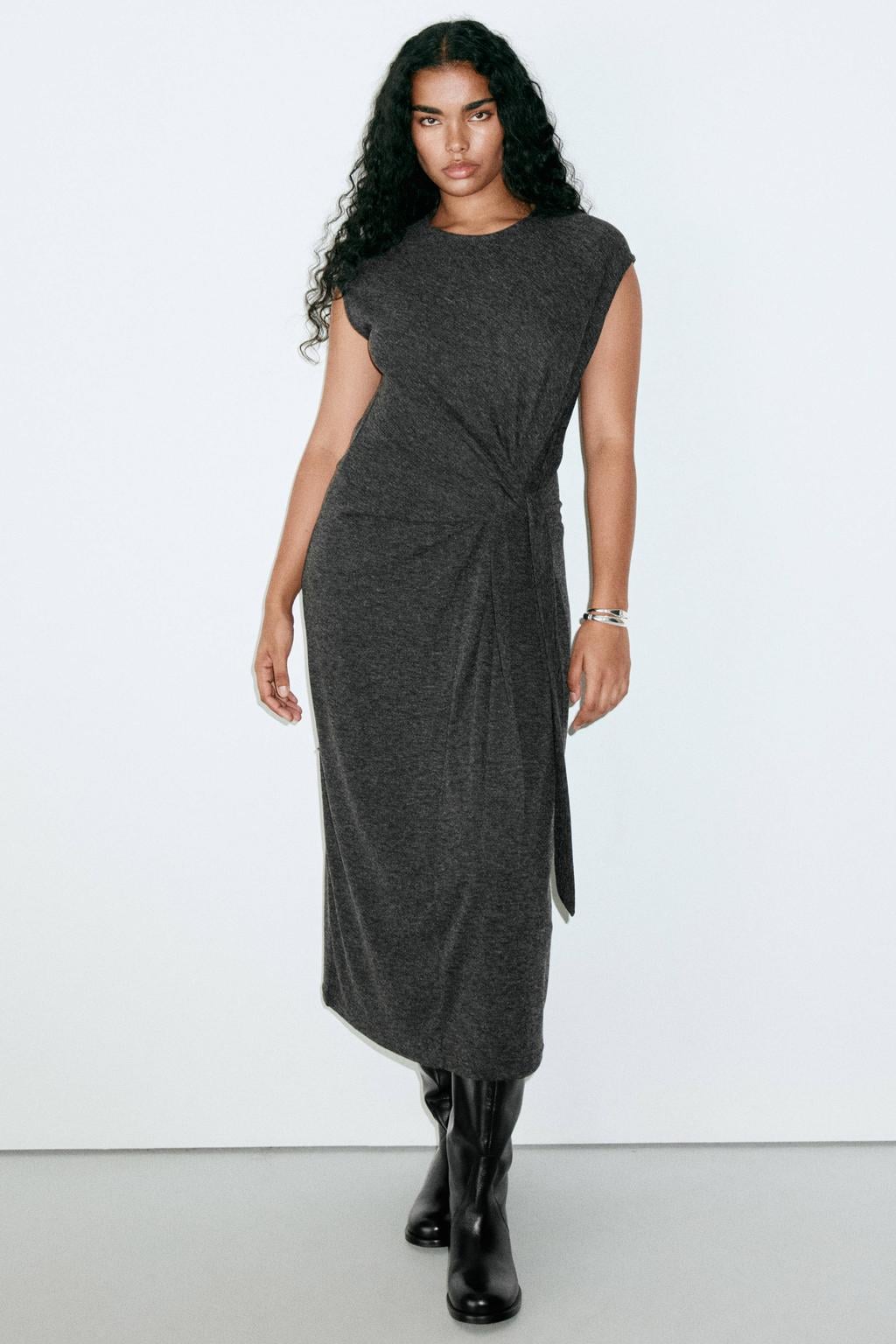 Grijze dames Mango bodycon midi jurk van polyester met effen, korte mouwen en boothals