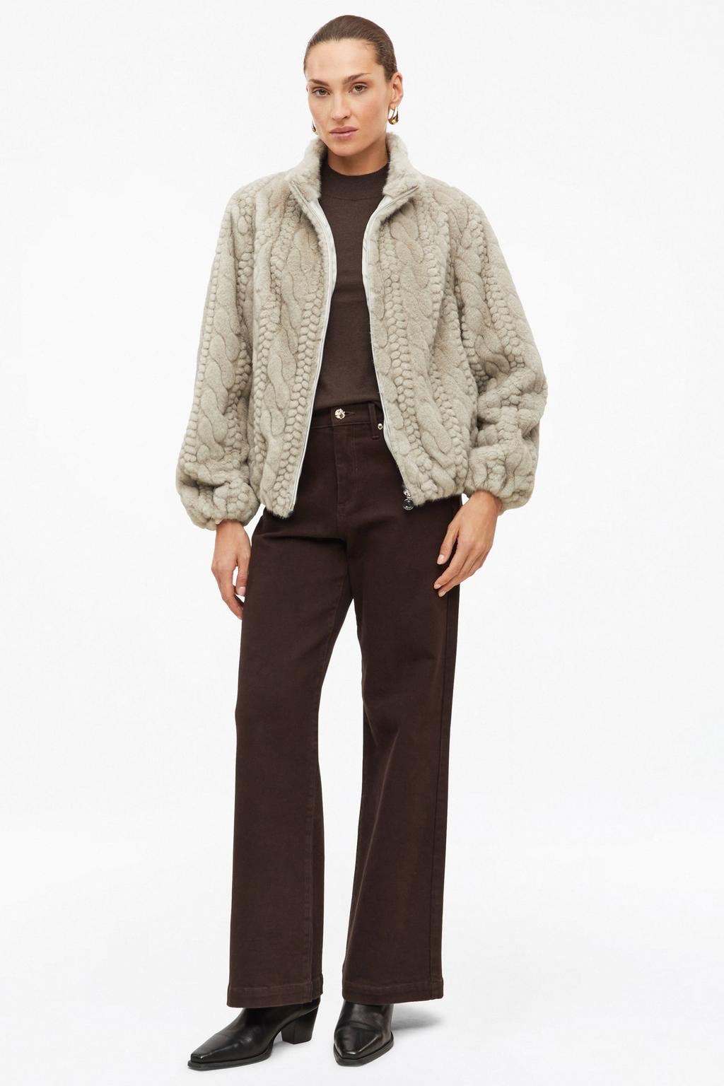 s.Oliver BLACK LABEL imitatiebont faux fur jas met kabels - taupe