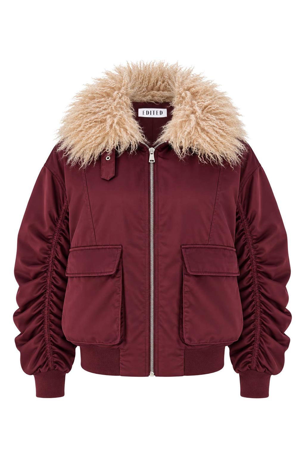 EDITED bomberjack met imitatiebontkraag - burgundy