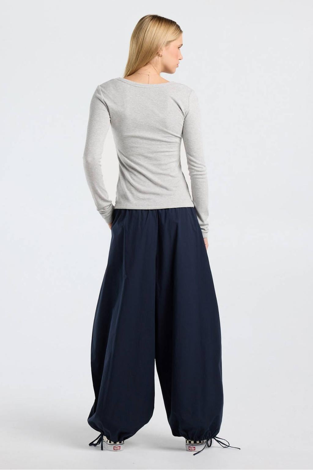 Marineblauw dames America Today ballonbroek van katoen met regular waist, elastische tailleband met koord en effen