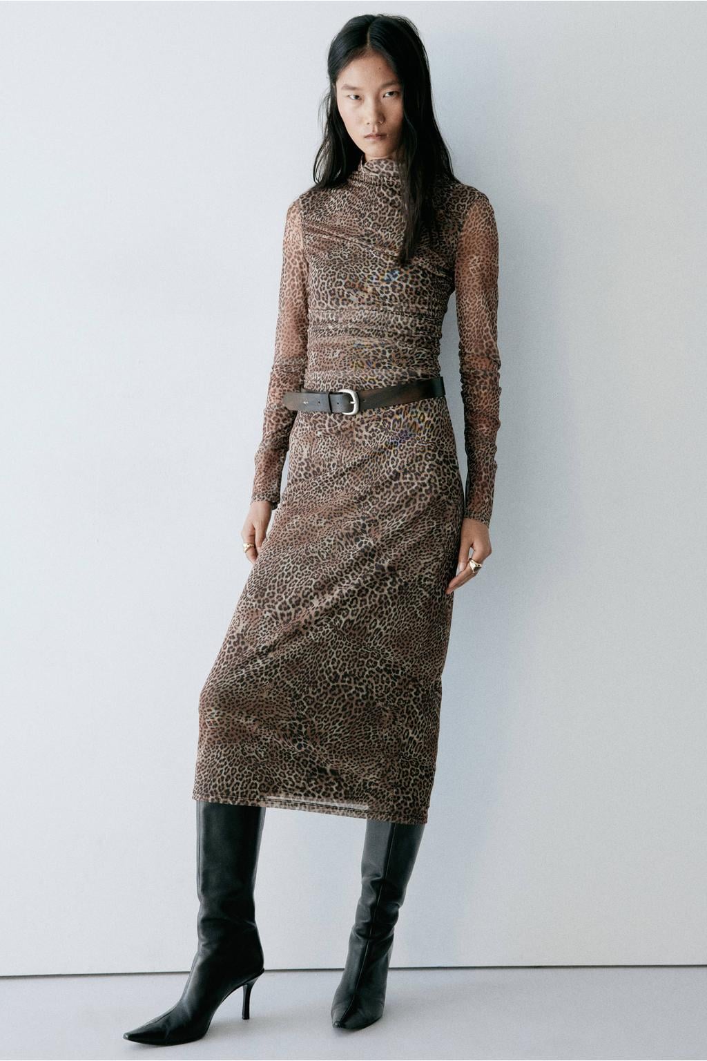 Mango midi jurk met plooien en panterprint - bruin