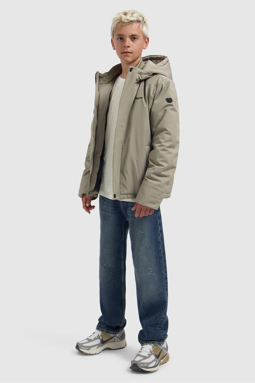 Zandkleurige jongens Ballin winterparka van polyester met effen, lange mouwen, capuchon en blinde ritssluiting
