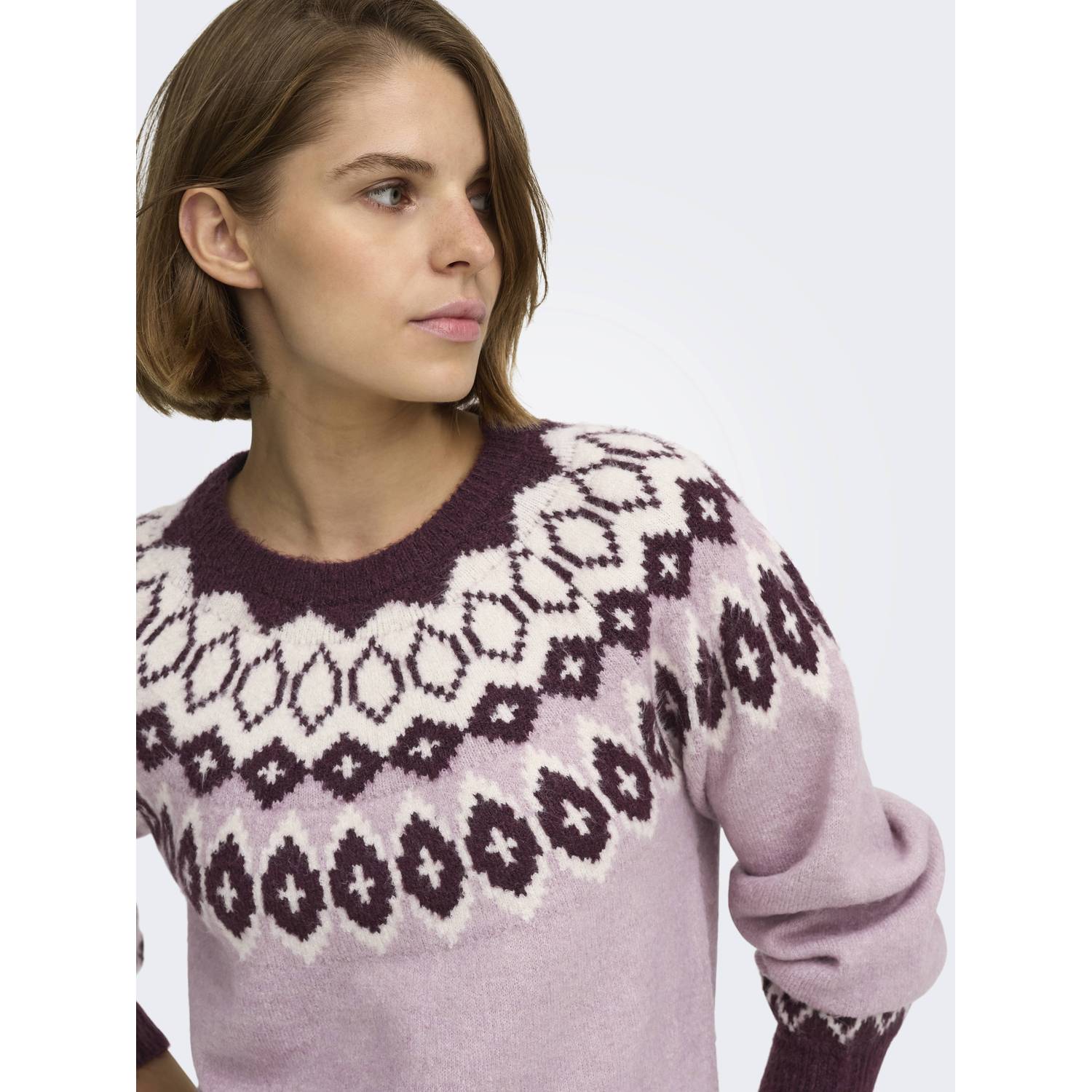 ONLY gebreide trui met print lichtroze donkerrood ecru