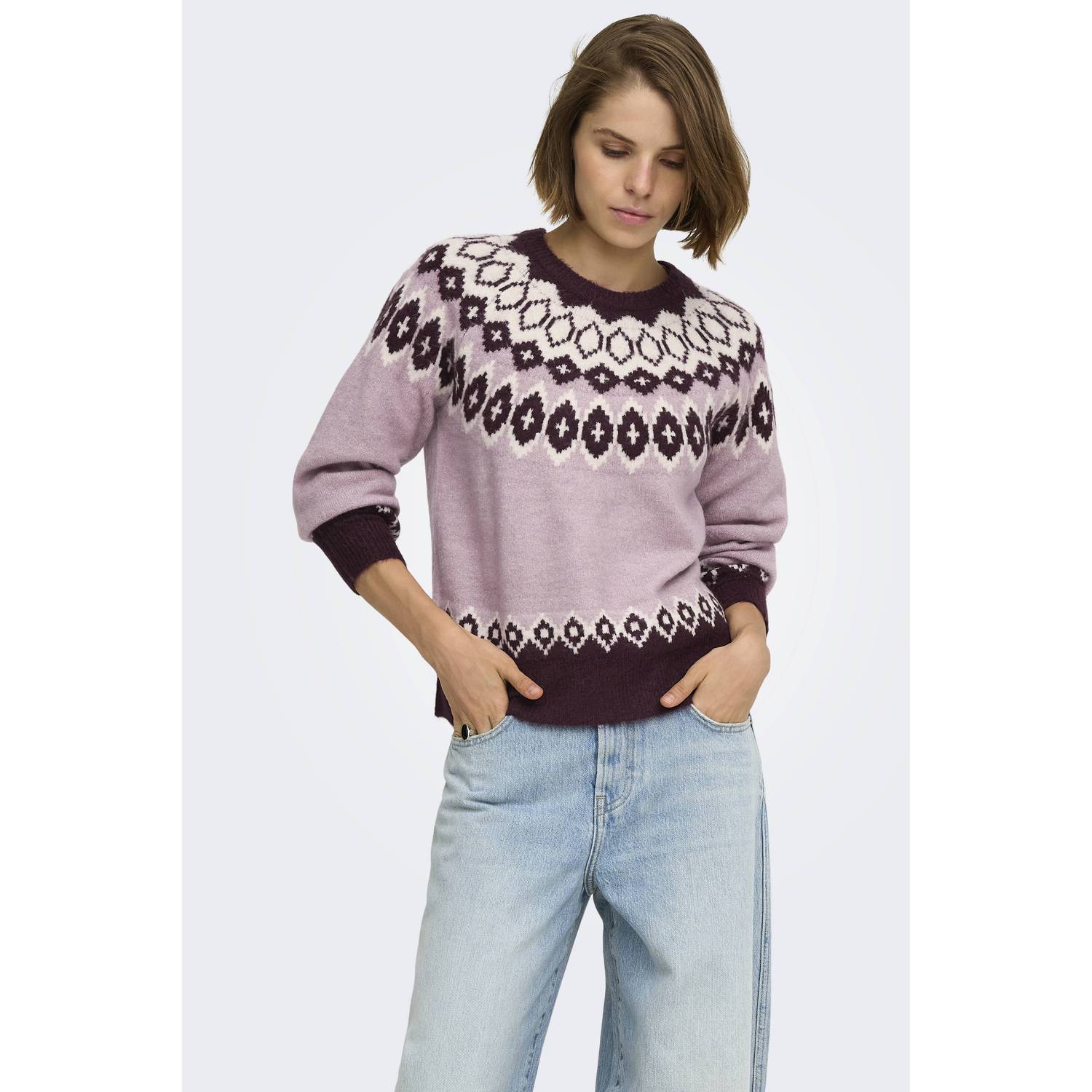 ONLY gebreide trui met print lichtroze donkerrood ecru
