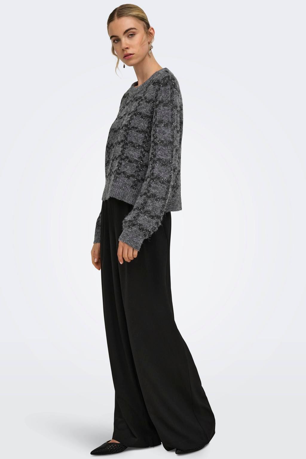 Grijs en zwarte dames ONLY gebreide gestreepte trui van polyester met lange mouwen en ronde hals