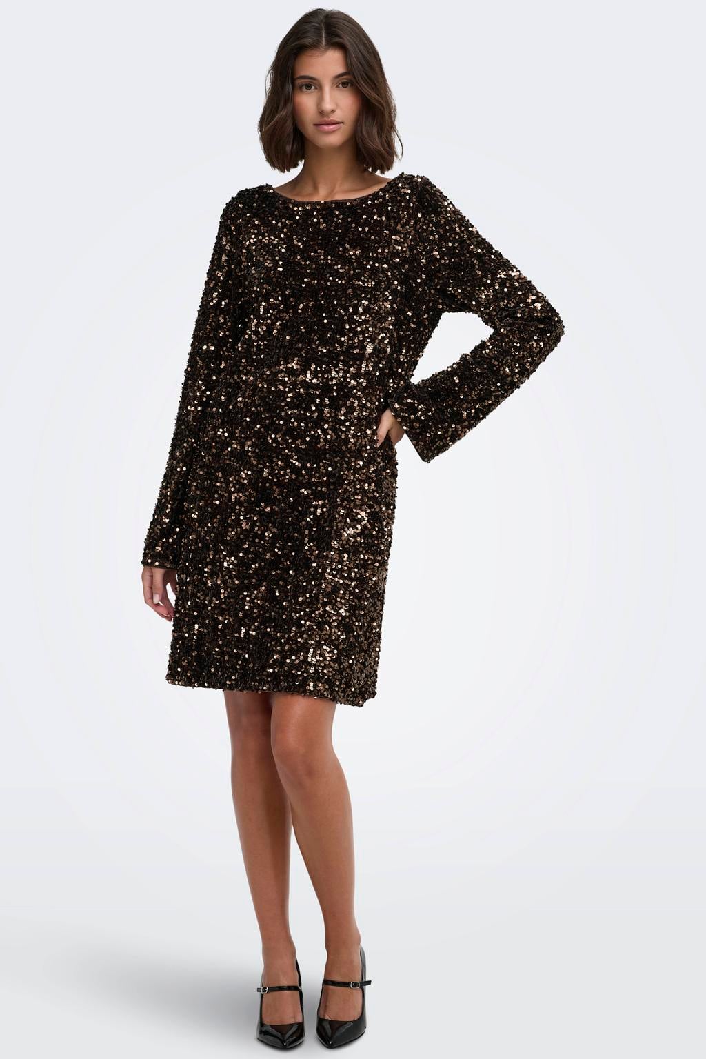 ONLY maxi jurk met pailletten - donkerbruin/goud