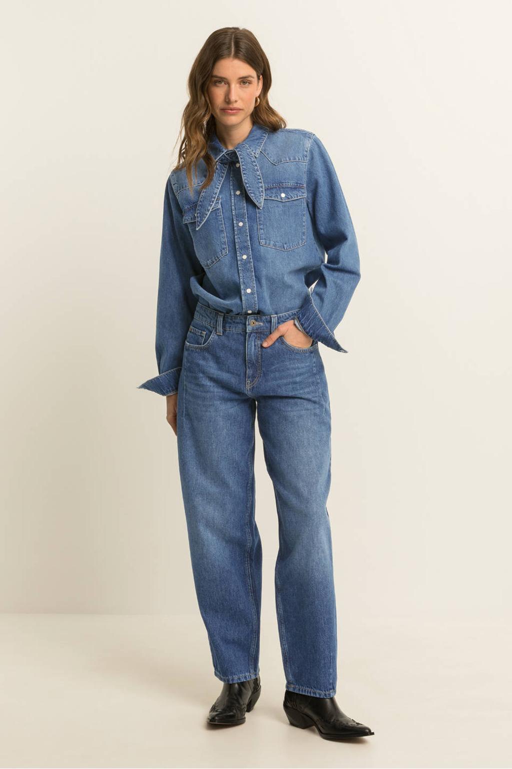 Medium blue denim dames Expresso blouse van denim met effen, lange mouwen, klassieke kraag en knoopsluiting