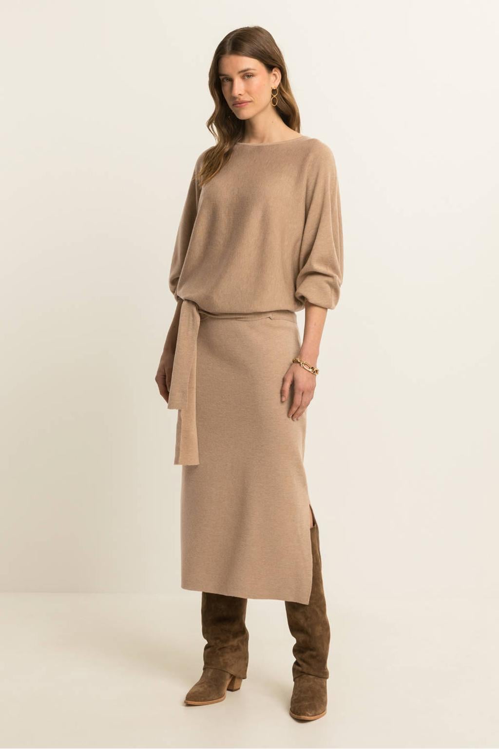 Lichtbruine dames Expresso midi rok met split en wol gemaakt van acryl