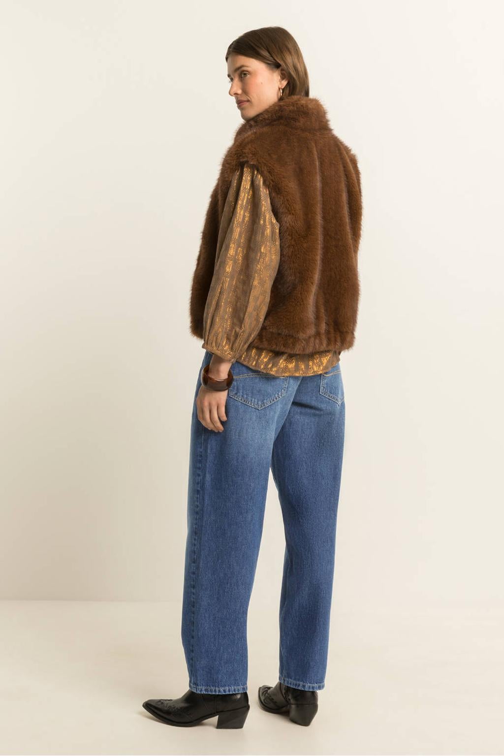 Bruine dames Expresso gilet van imitatiebont met effen, opstaande kraag en ritssluiting