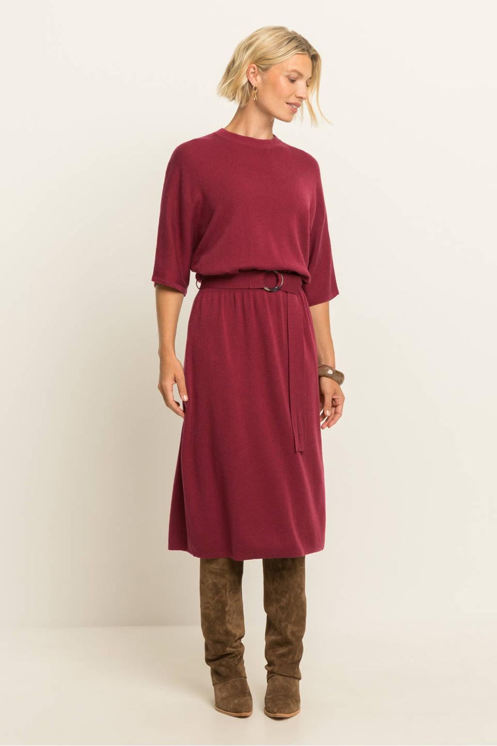 Expresso gebreide midi jurk met ceintuur - rood
