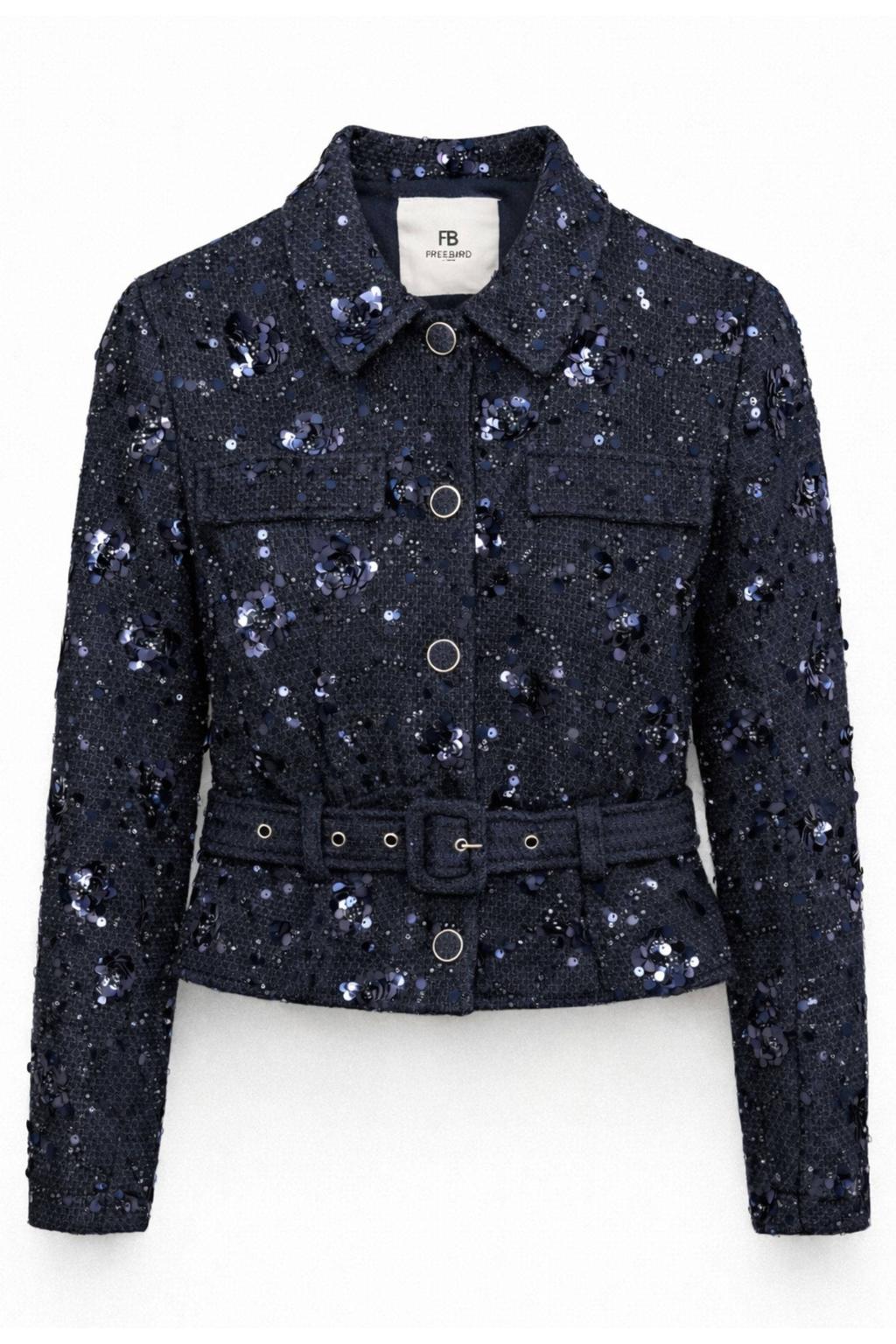 Freebird tussenjas met pailletten - donkerblauw