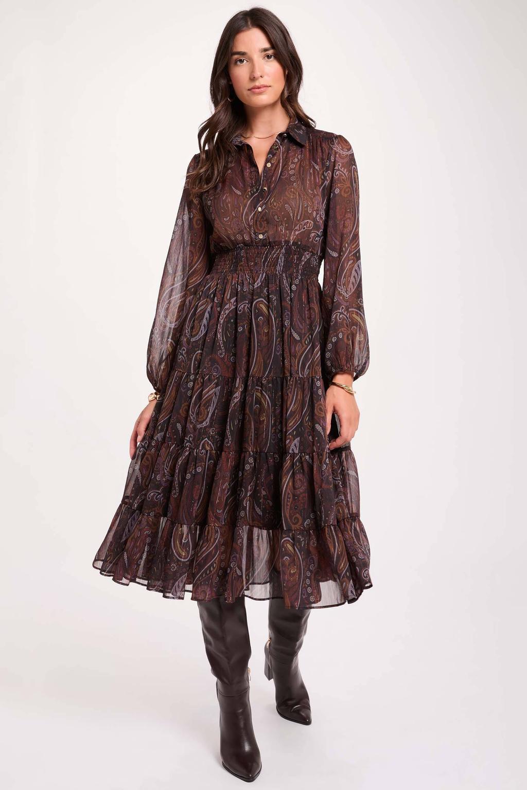 Morgan semi-transparante bohemian midi jurk met ruches en paisley - bruin