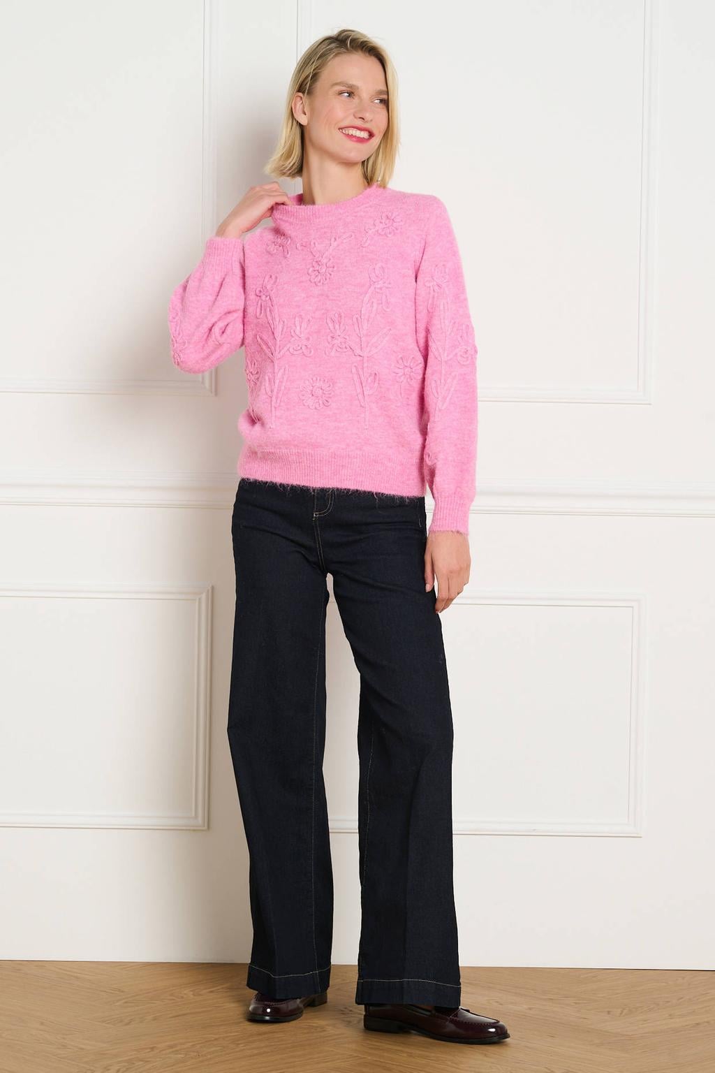 Roze dames LOLALIZA gebreide gebloemde trui van polyester met lange mouwen en ronde hals