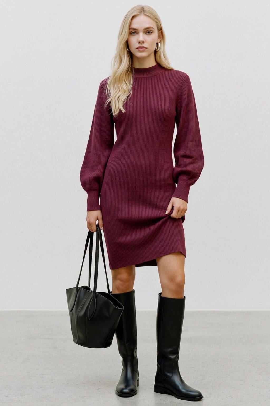 VERO MODA gebreide midi jurk - donkerrood