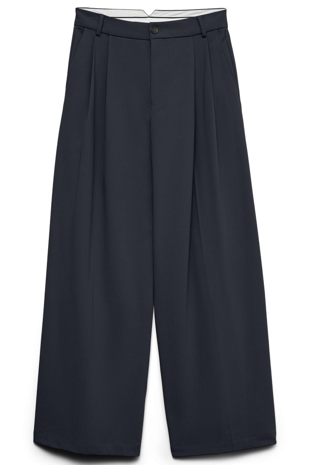 Donkerblauwe dames VERO MODA wide leg casual broek met knoopsluiting en effen