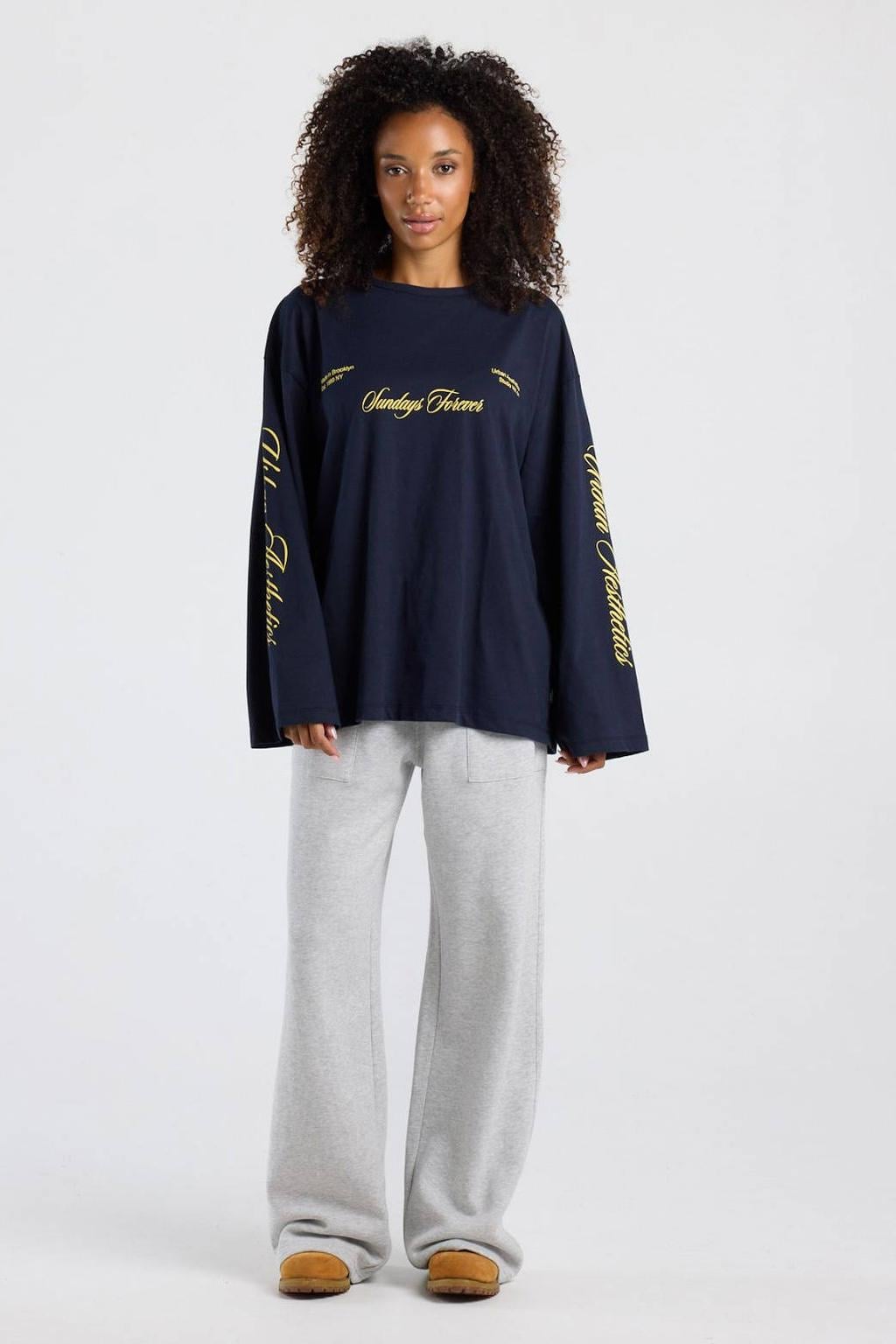 Donkerblauwe dames America Today longsleeve van katoen met tekst print, lange mouwen en ronde hals