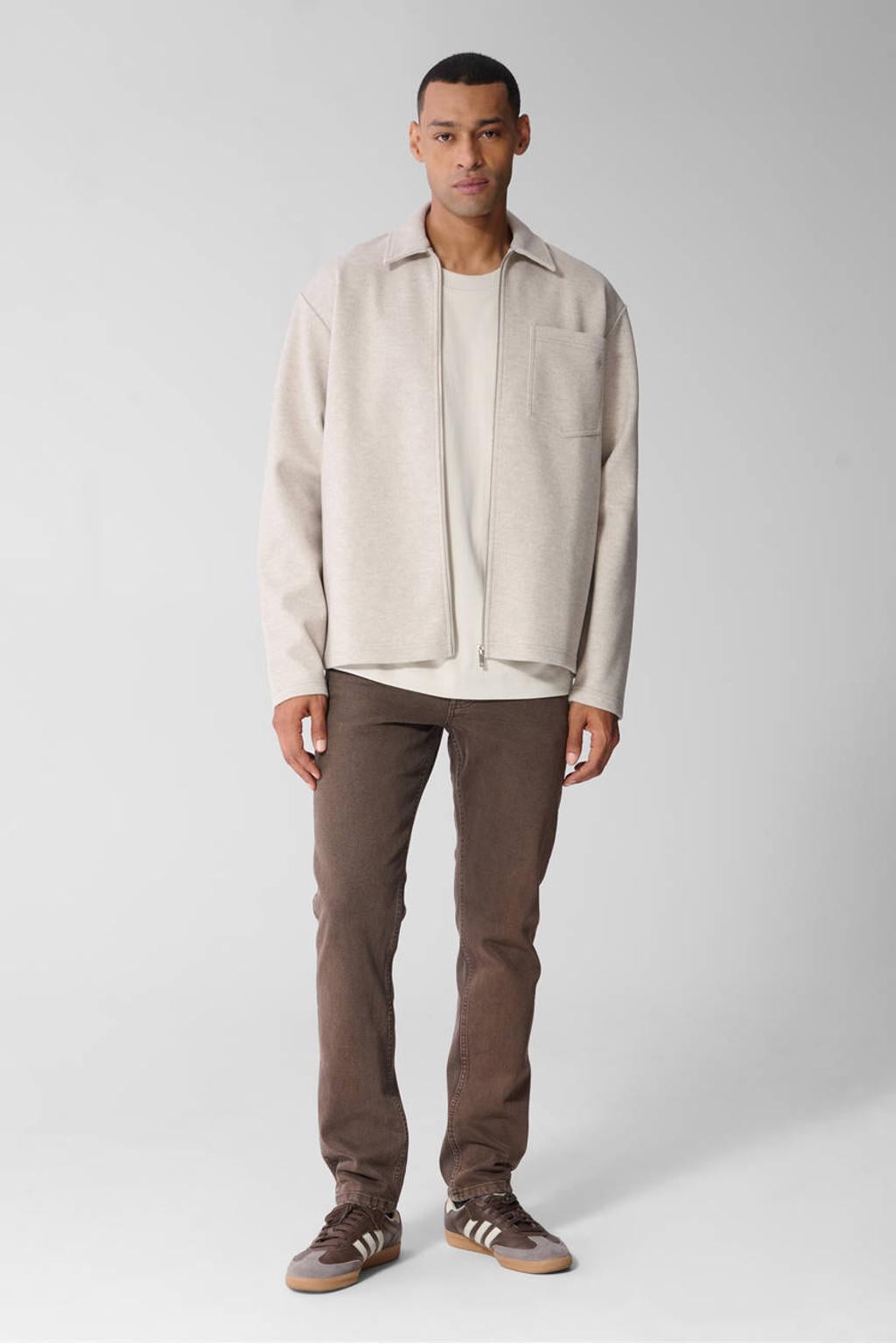 Beige heren Shoeby relaxed fit overshirt van polyester met effen, lange mouwen en klassieke kraag