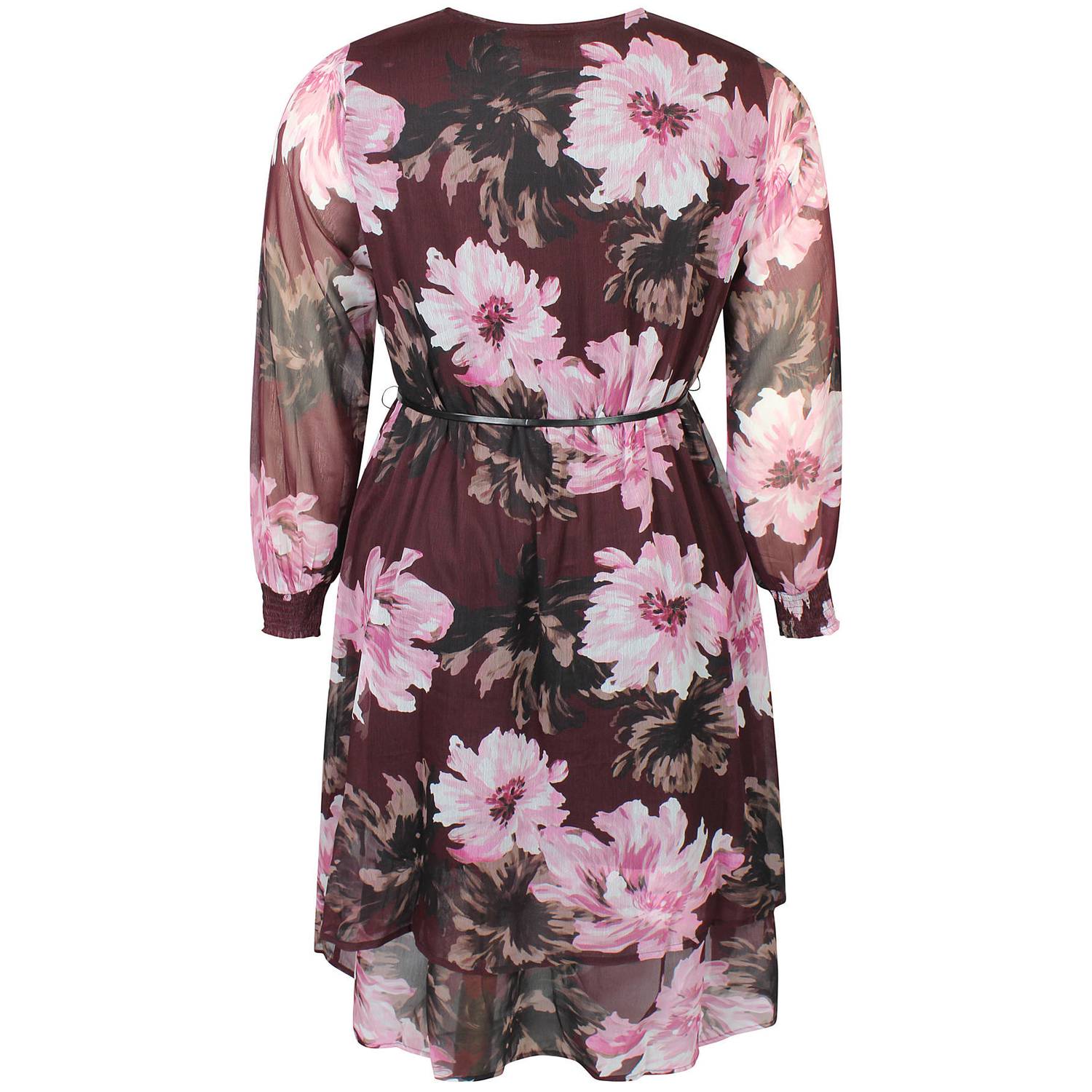 Zhenzi Plus Size A-lijn gebloemde blousejurk met ceintuur donkerrood