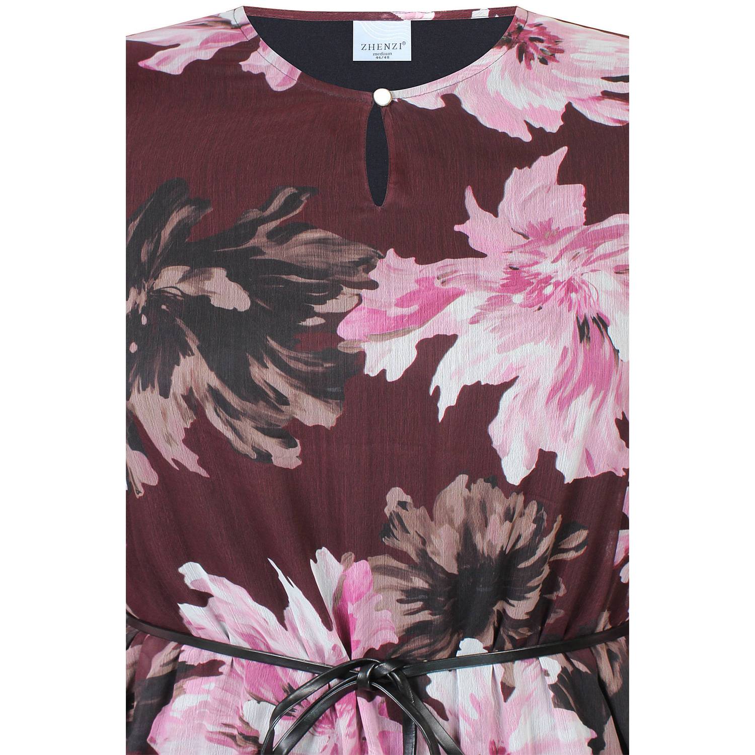 Zhenzi Plus Size A-lijn gebloemde blousejurk met ceintuur donkerrood