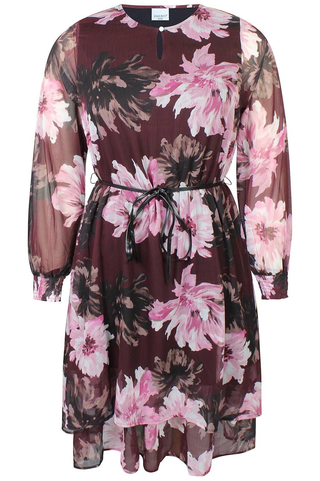 Zhenzi Plus Size A-lijn gebloemde blousejurk met ceintuur - donkerrood