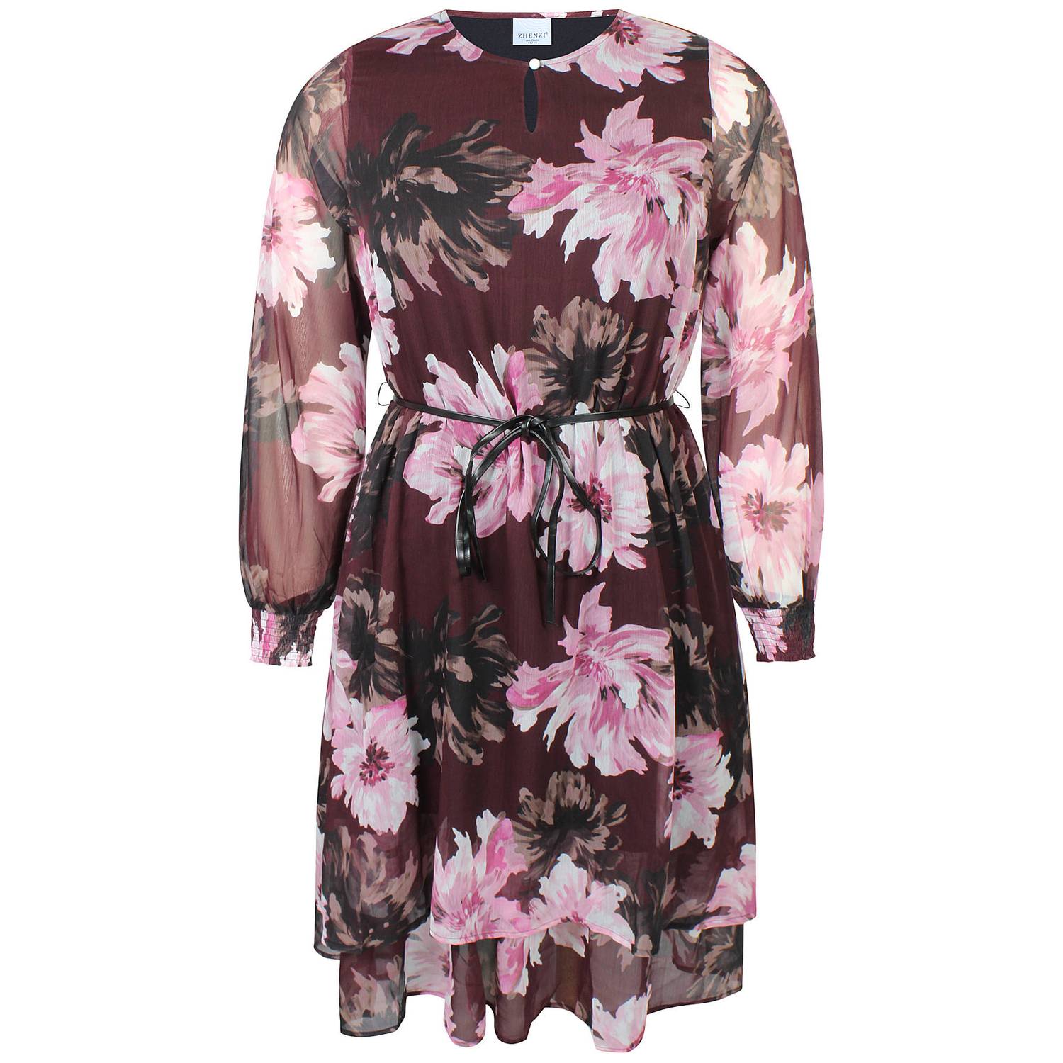 Zhenzi Plus Size A-lijn gebloemde blousejurk met ceintuur donkerrood