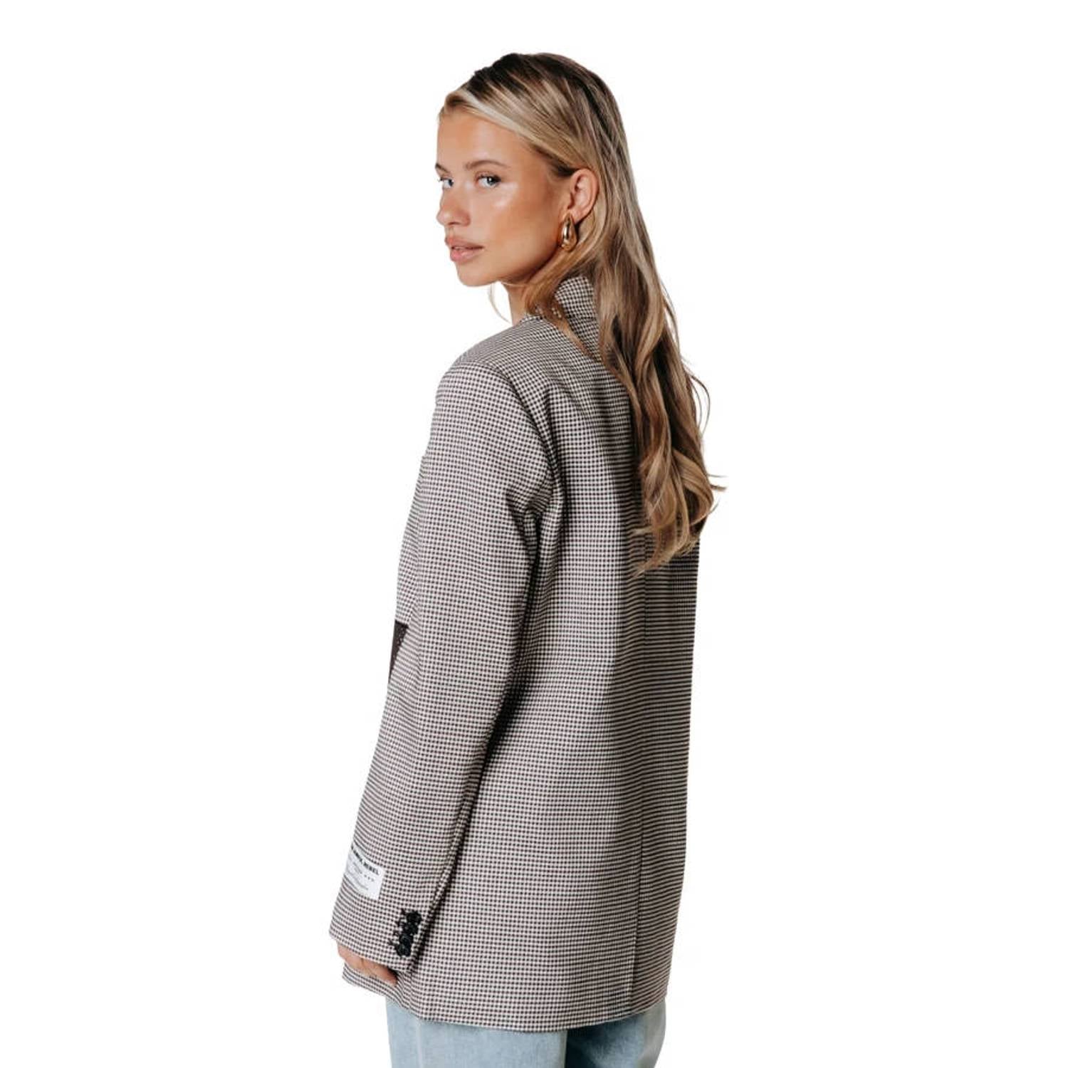 Colourful Rebel geruite oversized blazer met borduursels grijs