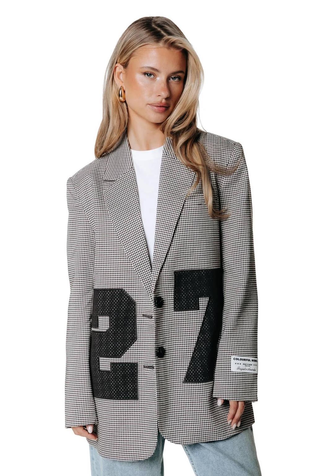 Colourful Rebel geruite oversized blazer met borduursels - grijs