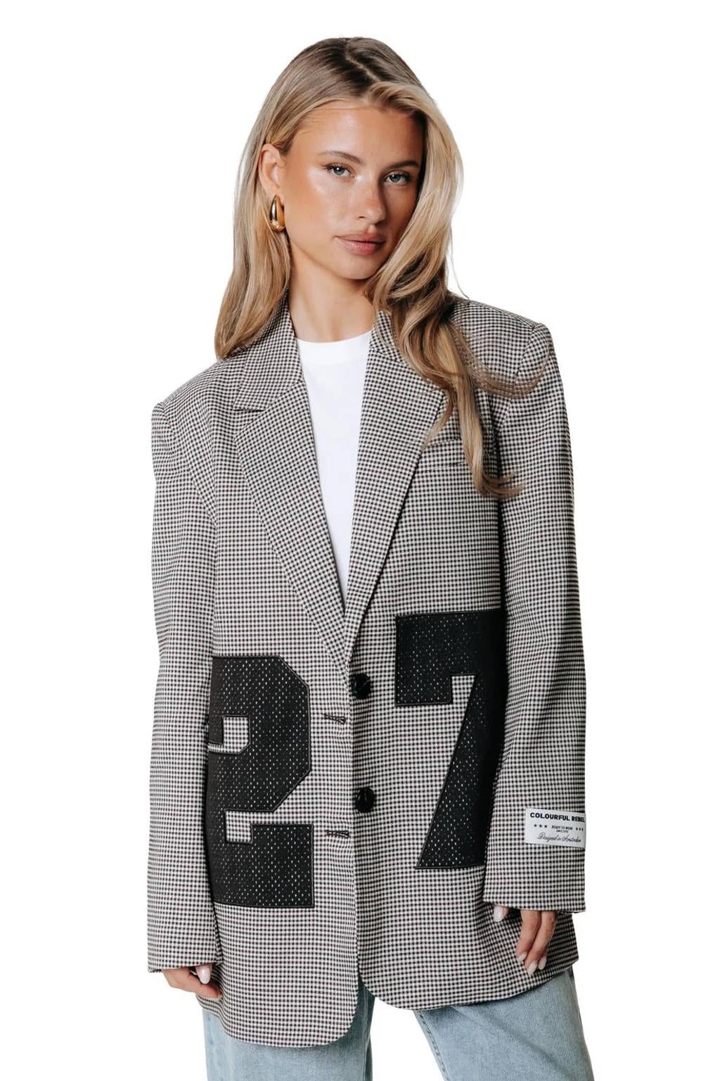 Colourful Rebel geruite oversized blazer met borduursels - grijs