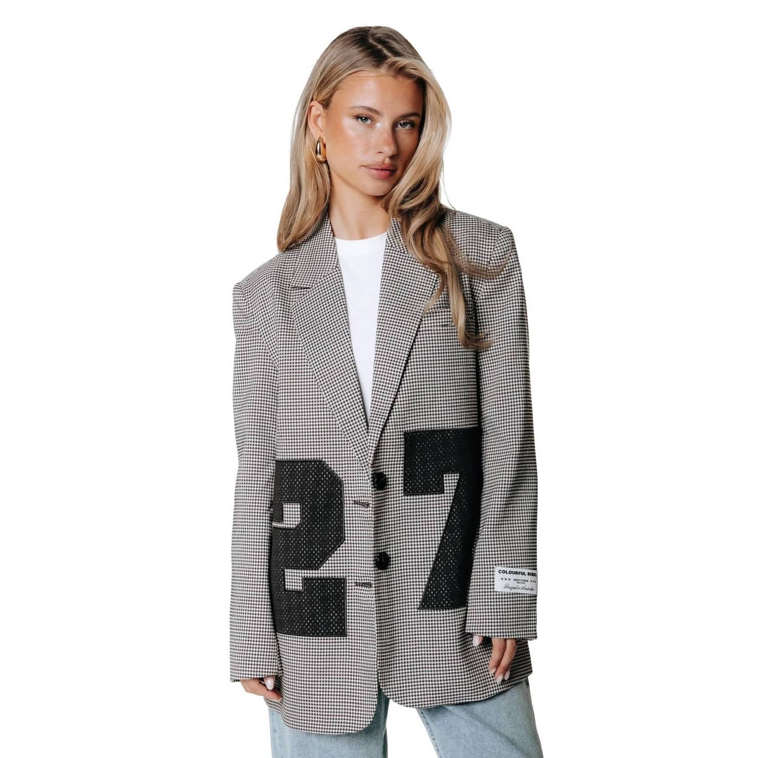 Colourful Rebel geruite oversized blazer met borduursels grijs