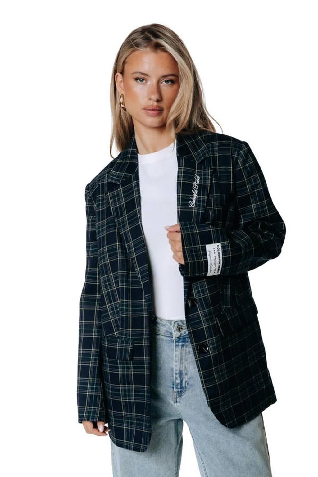 Groene dames Colourful Rebel geruite blazer van polyester met lange mouwen, reverskraag, knoopsluiting en borduursels