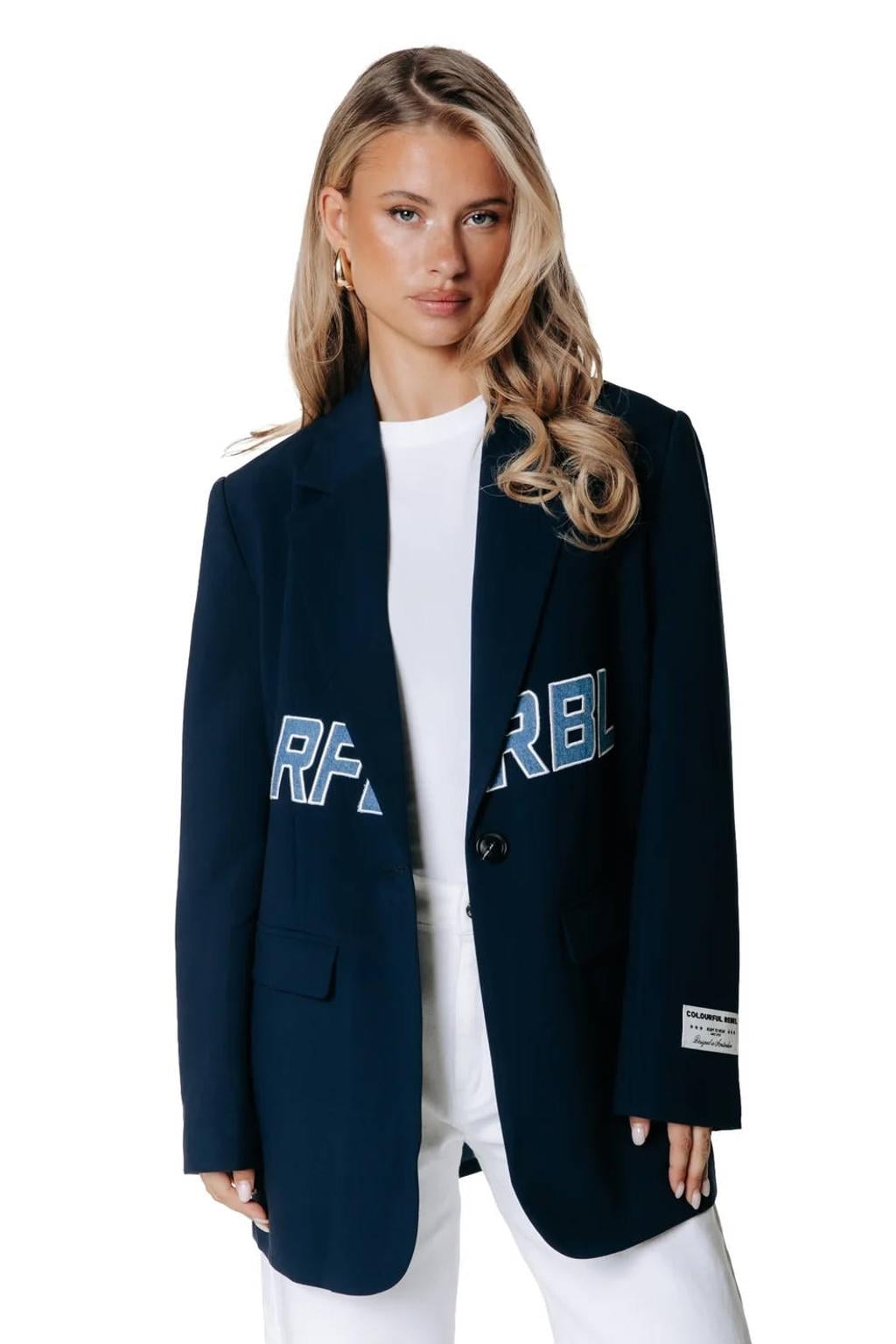 Donkerblauwe dames Colourful Rebel blazer van polyester met effen, lange mouwen, reverskraag, knoopsluiting en borduursels