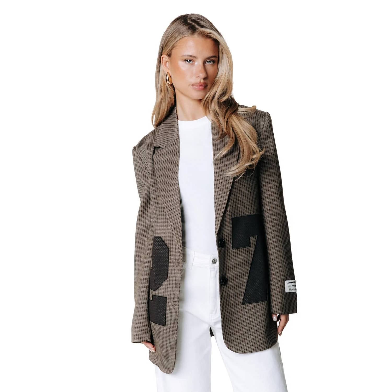 Colourful Rebel oversized geruite blazer met borduursels beige