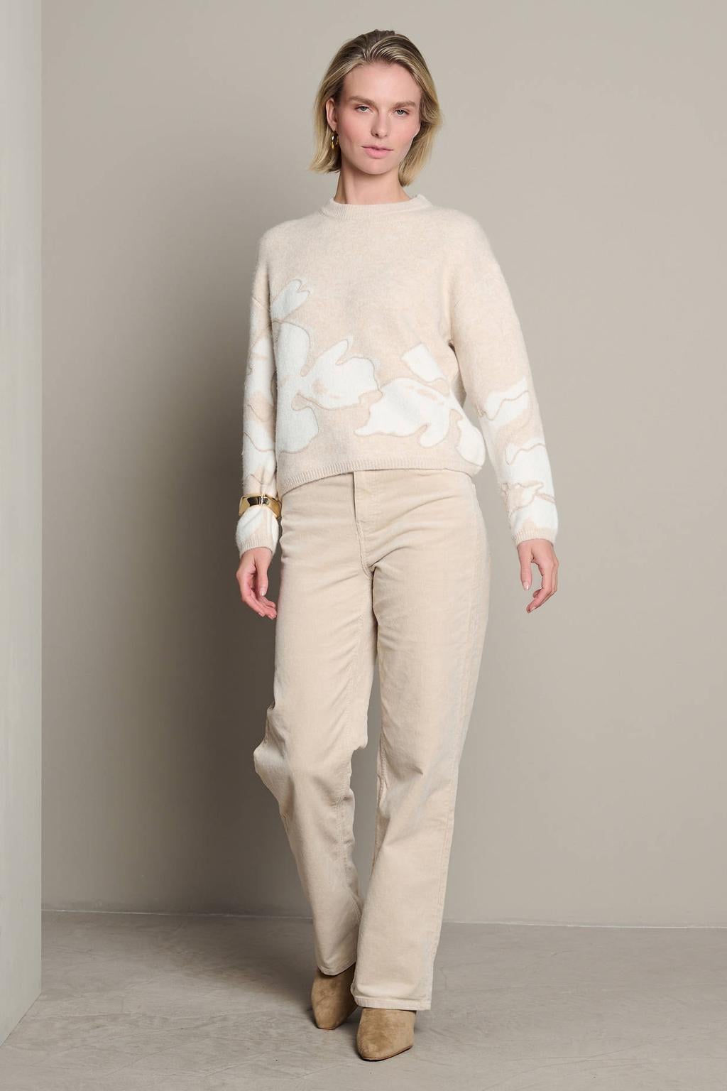 Beige dames LOLALIZA gebreide gebloemde trui van polyester met lange mouwen en ronde hals