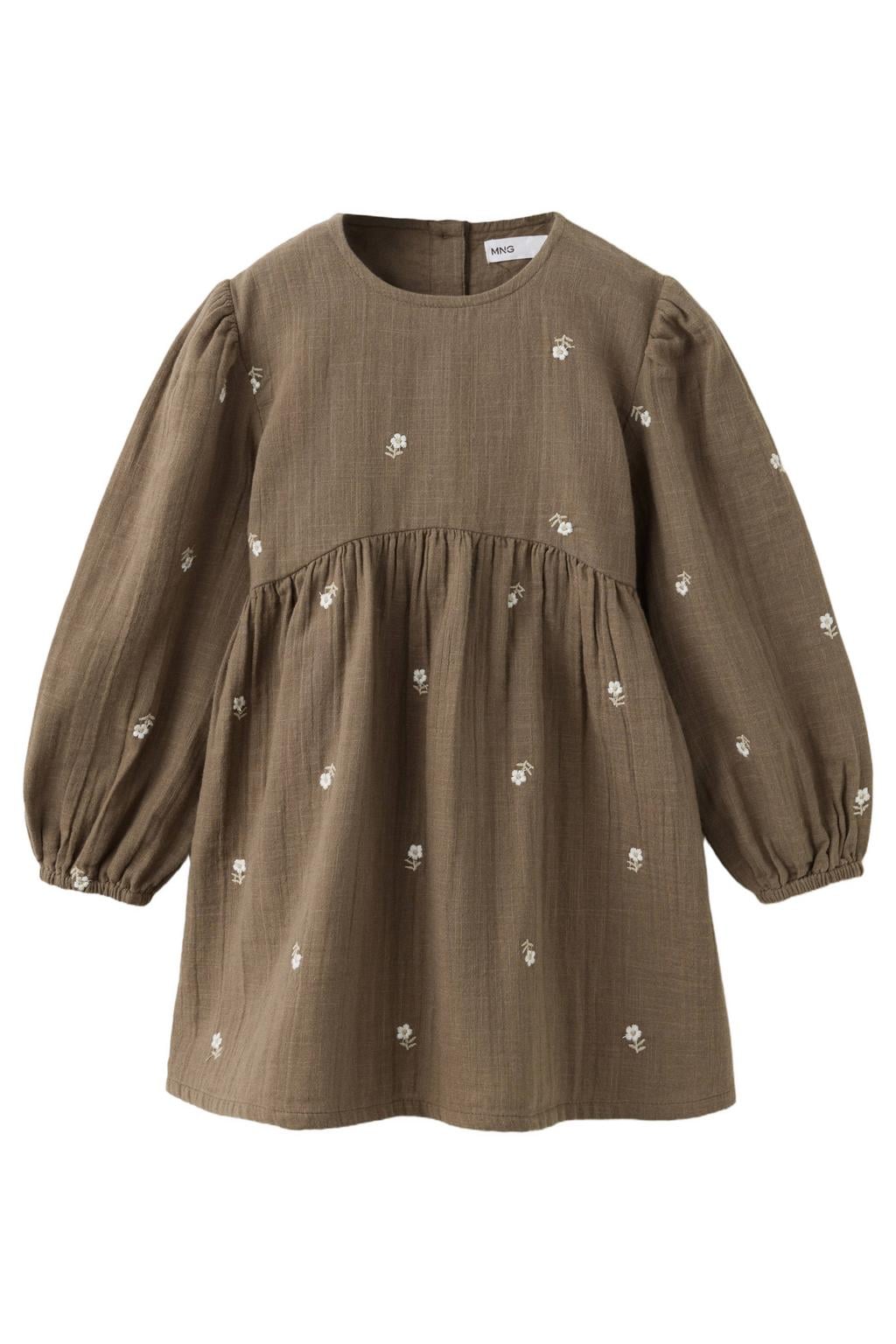 Mango Kids gebloemde korte jurk met borduursels - bruin