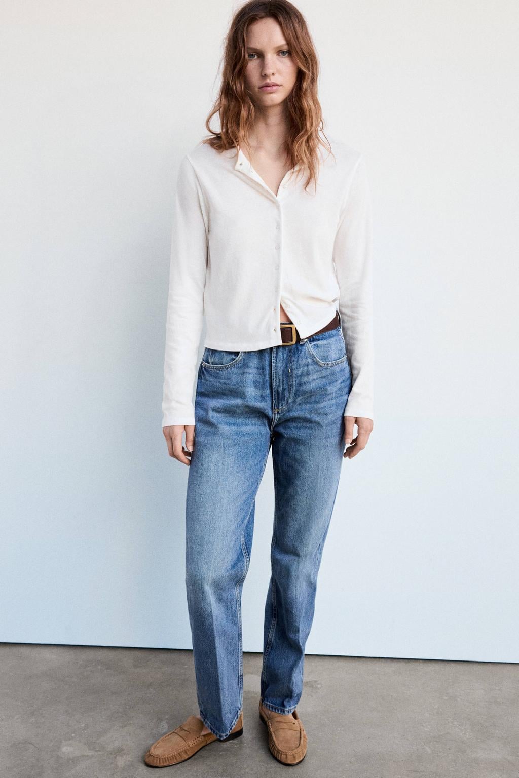 Ecru dames Mango katoenen gebreid vest met lange mouwen, ronde hals en knoopsluiting