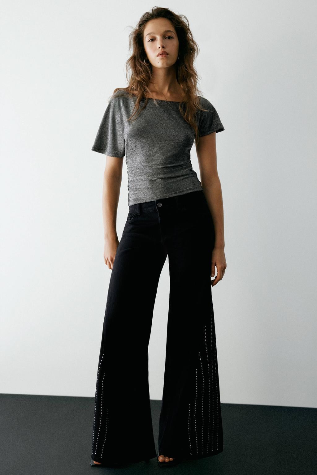 Zwarte dames MANGO TEEN wide leg jeans van denim met rits- en knoopsluiting en effen