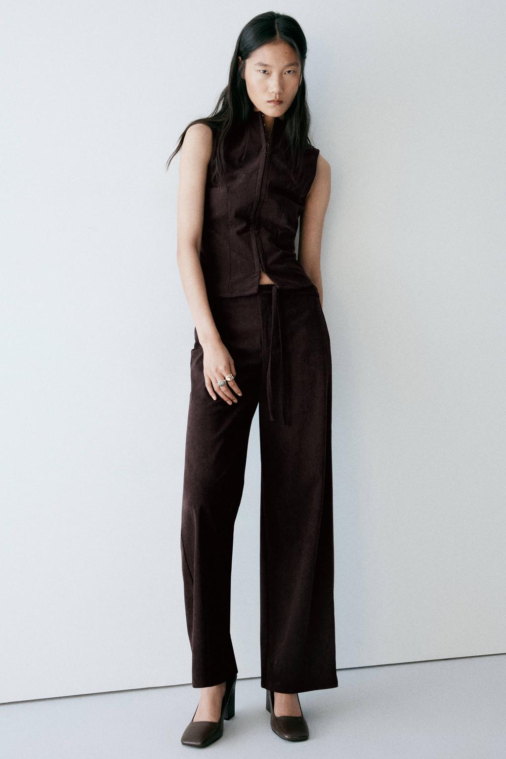 Mango corduroy straight leg pantalon met ceintuur - donkerbruin