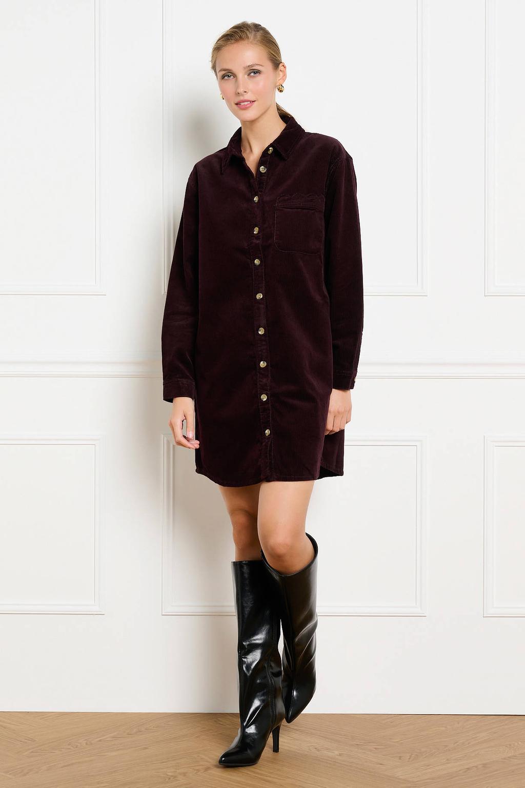 Aubergine dames LOLALIZA corduroy korte blousejurk met effen, lange mouwen, klassieke kraag en knoopsluiting