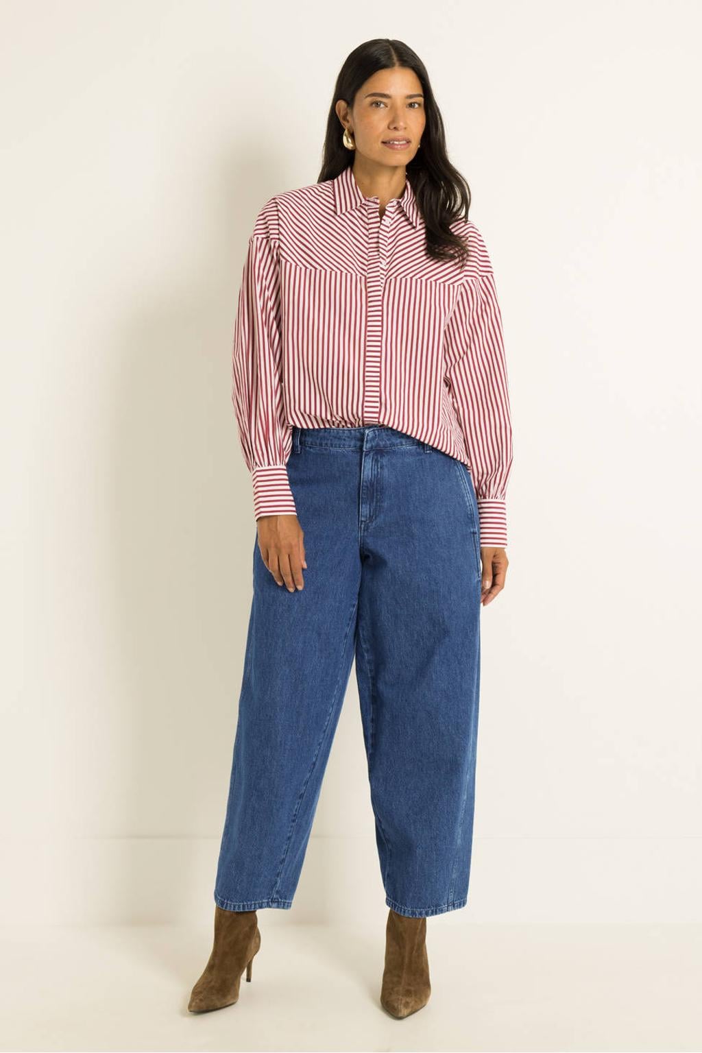 Rood en ecru dames CLAUDIA BY CLAUDIA STRÄTER gestreepte blouse van katoen met lange mouwen, klassieke kraag en knoopsluiting