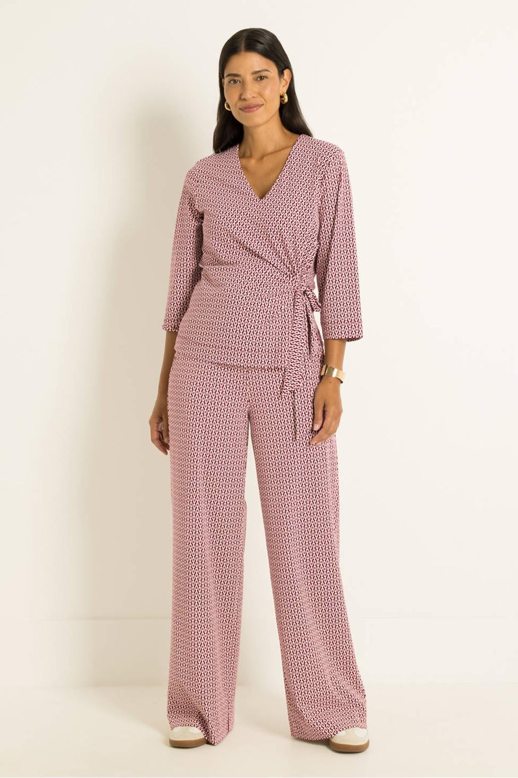 CLAUDIA BY CLAUDIA STRÄTER travelstof wide leg broek met print - donkerrood/ecru