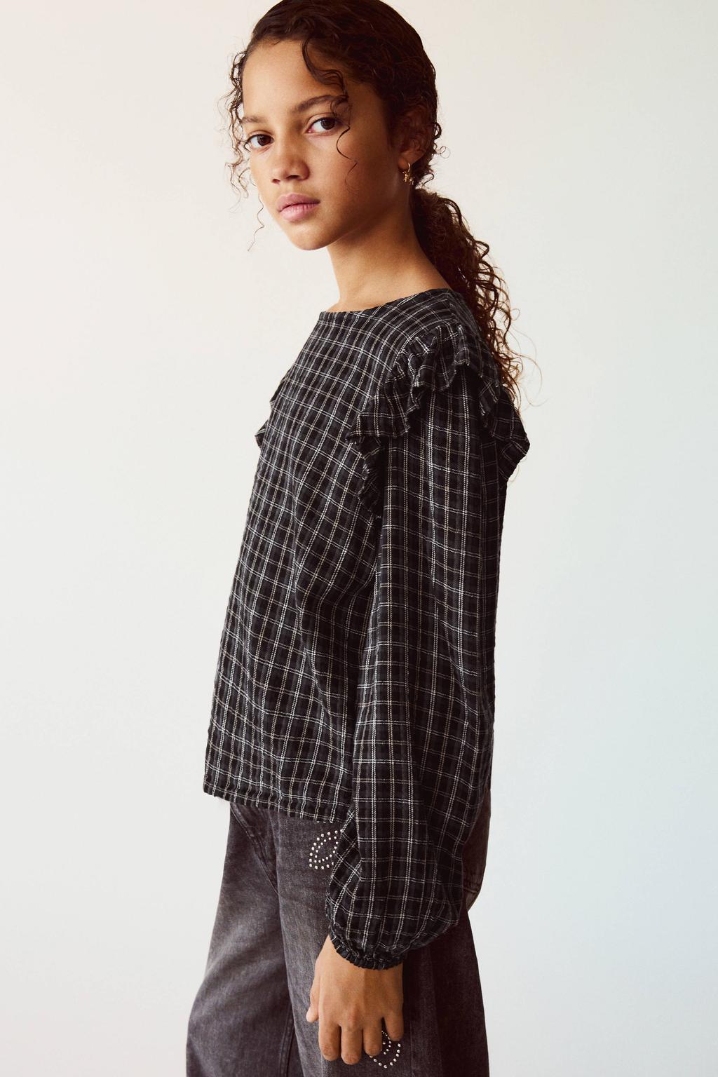 Mango Kids geruite blousetop met ruches - zwart