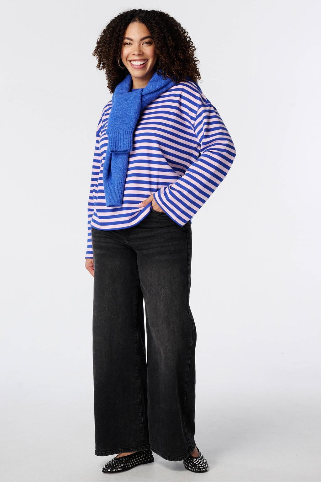 MS Mode gestreepte longsleeve - blauw/lichtroze