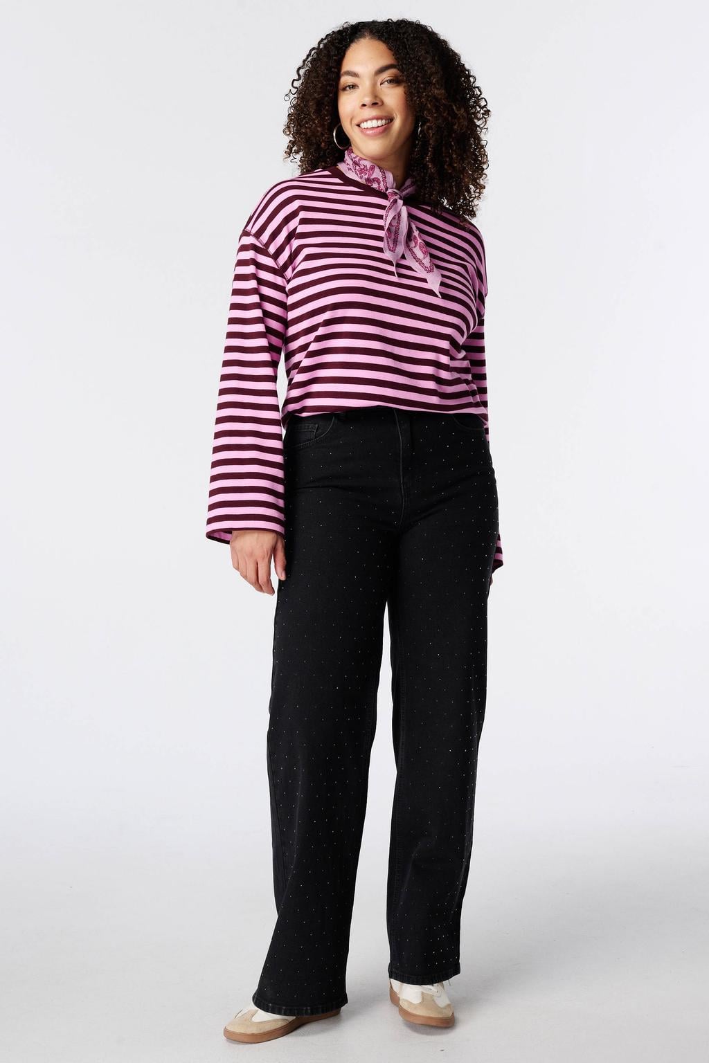 MS Mode gestreepte longsleeve - roze/donkerrood