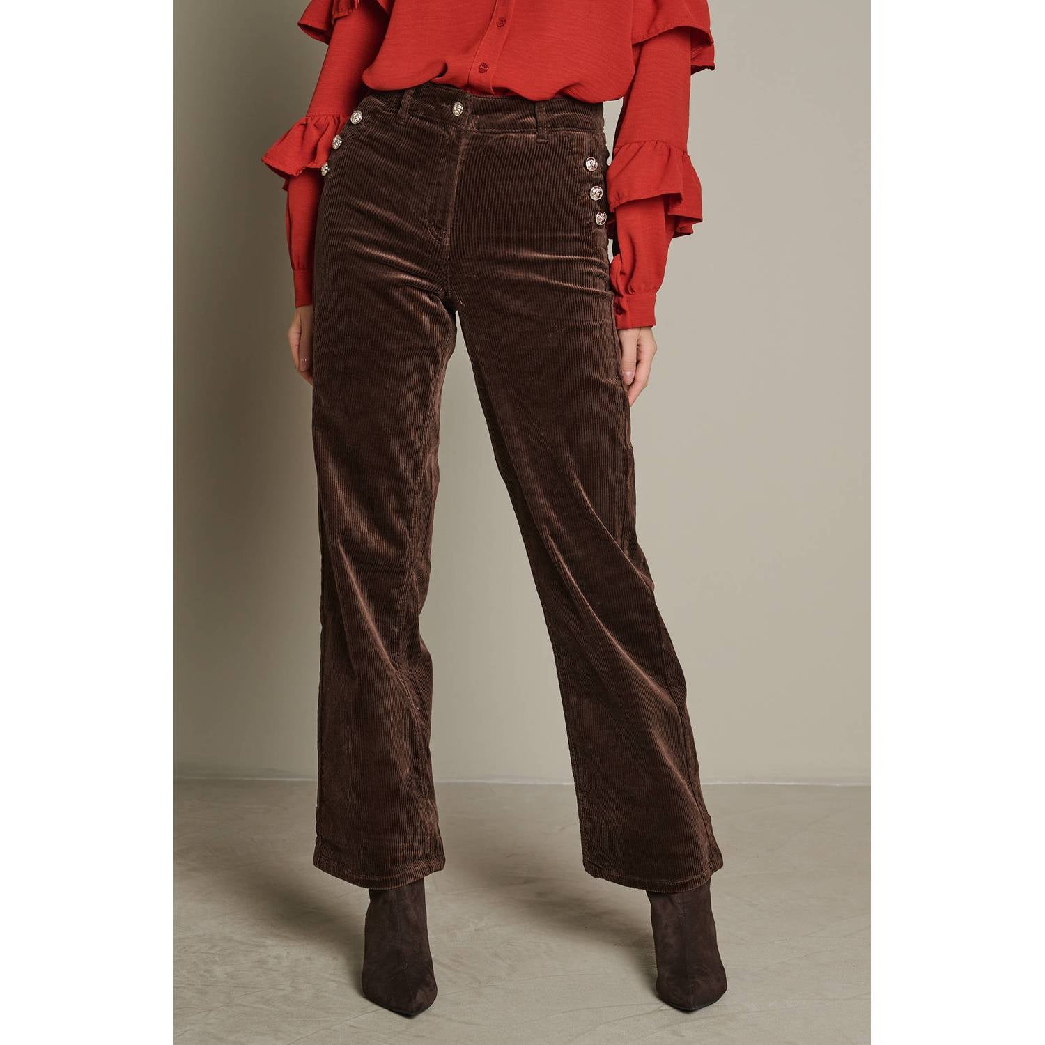 LOLALIZA straight leg jeans met corduroy details donkerbruin