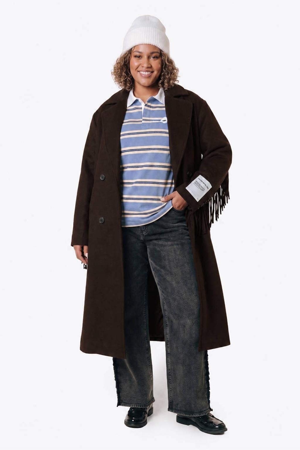 Donkerblauwe dames Colourful Rebel Curve wollen mantel met effen, lange mouwen en franjes